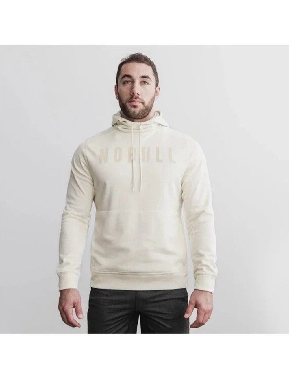 Men's NOBULL Gray Fleece Hoodie Gym Training Pullover Cream Sweatshirt Medium